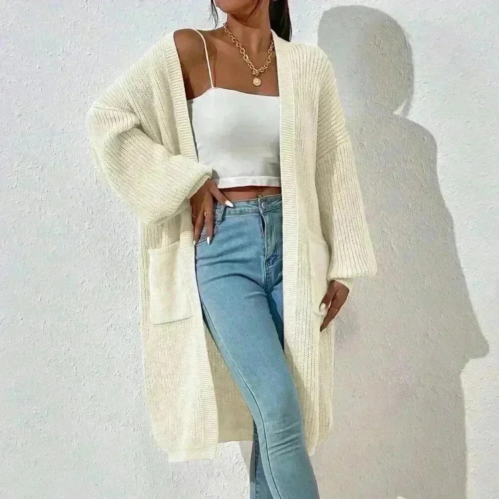Beige Casual Women's Dual Pocket Drop Shoulder Open Front Cardigan